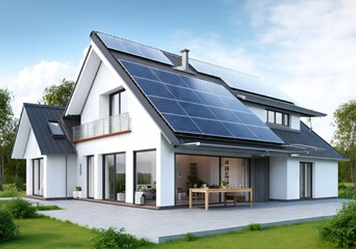 Haus mit Photovoltaik zur Versorgung von Infrarotheizungen.